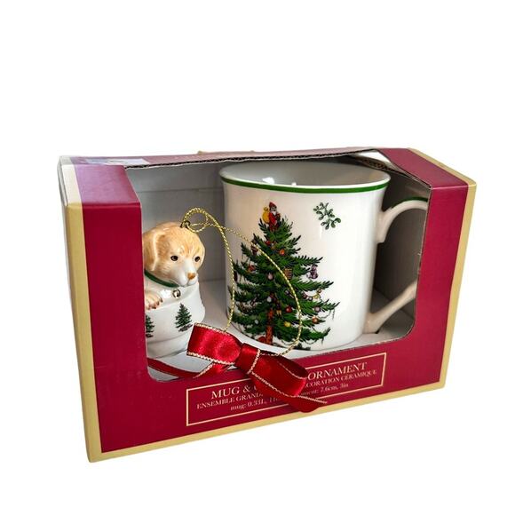 Spode Christmas Tree Mug and Puppy In Boot Ceramic Ornament Set In Box New - Picture 2 of 11